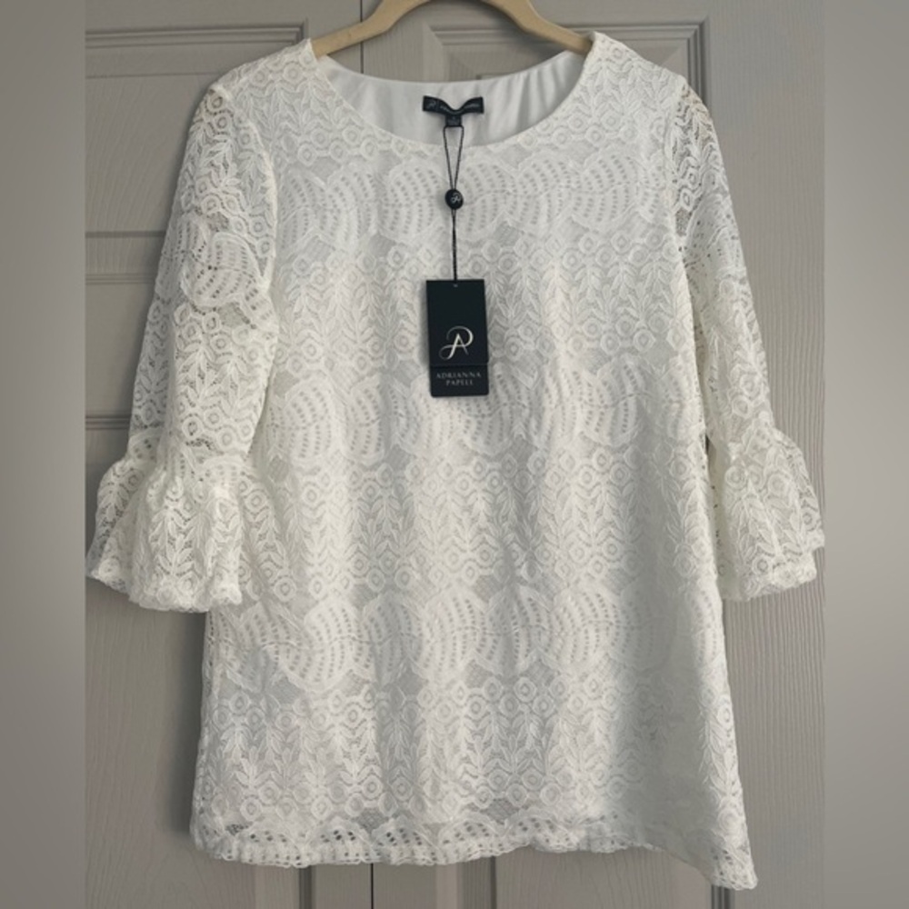Adrianna Papell White Lace 3/4 Sleeve Knit Blouse Work Office Top Size Small NWT - Picture 6 of 7